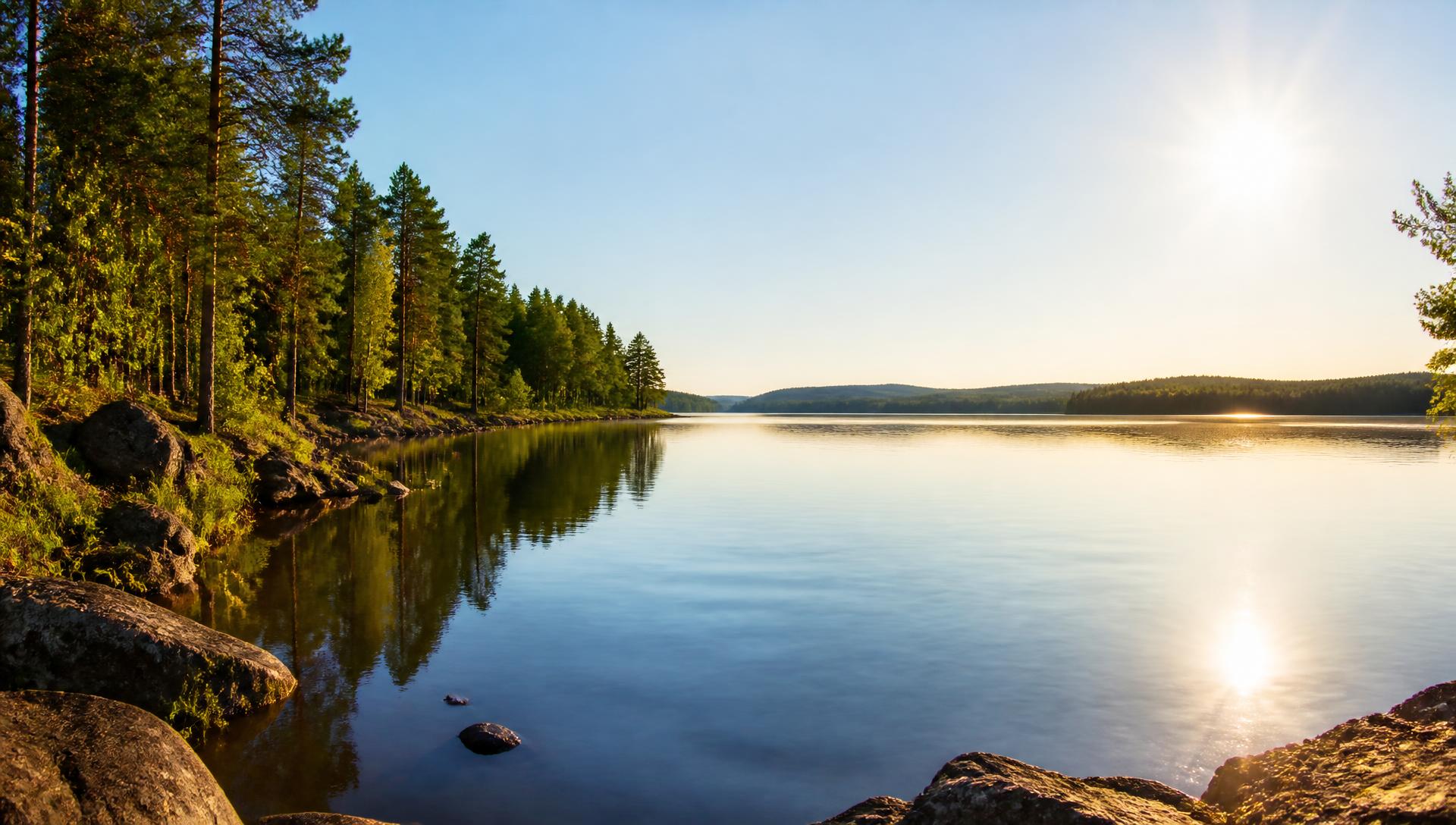 Sunlit Finnish lake bay with pine forest shoreline